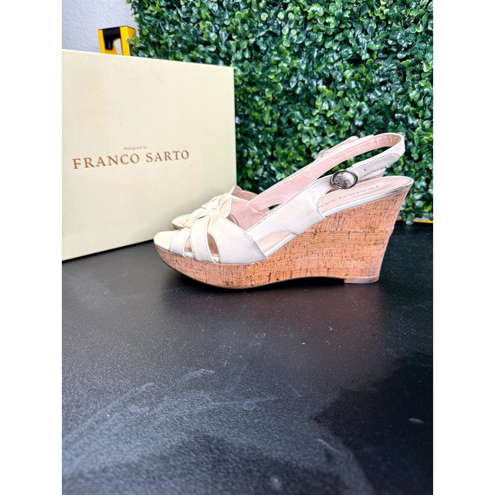 Franco Sarto Suzy Sandals Womens 10M White Patent Leather Wedge Heel Slingback
